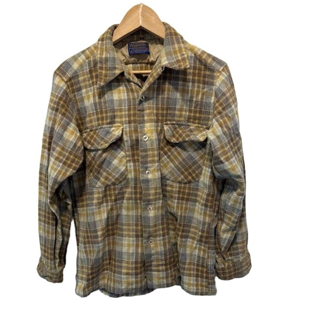 Vintage Pendleton Wool Board Flannel brown Plaid Flap Pockets. Unique Sz m